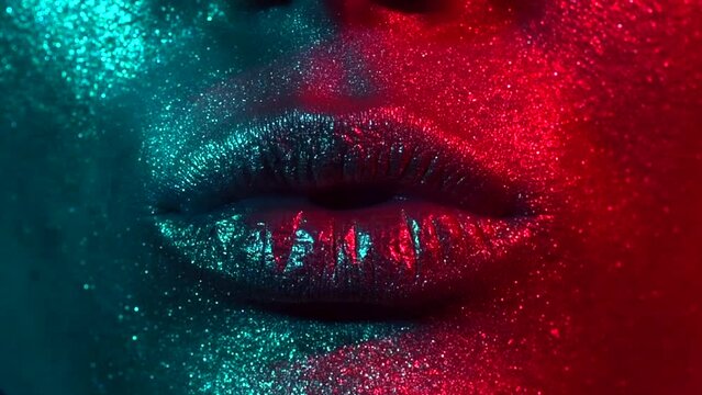 Fashion model woman kiss lips in bright sparkles, colorful neon lights, beautiful sexy girl lips, mouth. Trendy glowing gold skin make-up. Art design makeup. Glitter metallic shine makeup. 