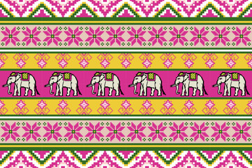 Ethnic Thai Elephant Pixel Art Seamless Pattern in Pink Background.  Vector design for fabric, tile, carpet, embroidery, wallpaper and background