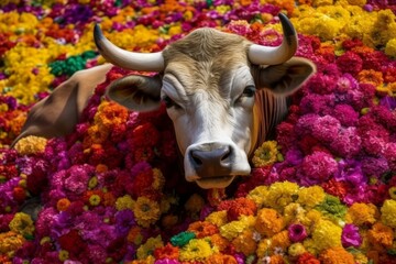 Bull flowers colorful sitting. Nature bovid animal in huge floral valley. Generate Ai - obrazy, fototapety, plakaty