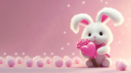 Fototapeta premium White festive fluffy rabbit with pink heart on pink background