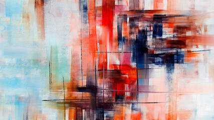 Bright abstract painting on canvas, with accents of red oil paint strokes