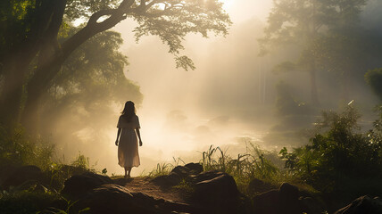 woman walking in the forest