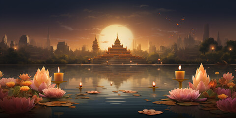 Naklejka premium a banner background with a traditional Loy Krathong scene, complete with candlelit krathongs, candles, and fragrant flowers.
