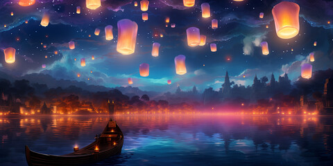 a banner background with a traditional Loy Krathong scene, complete with candlelit krathongs, candles, and fragrant flowers.