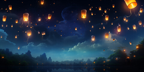  Loy Krathong banner background that showcases the release of khom loi lanterns into the night sky. - obrazy, fototapety, plakaty