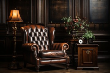 Executive office cabin with a luxurious leather chair and elegant decor, Generative AI