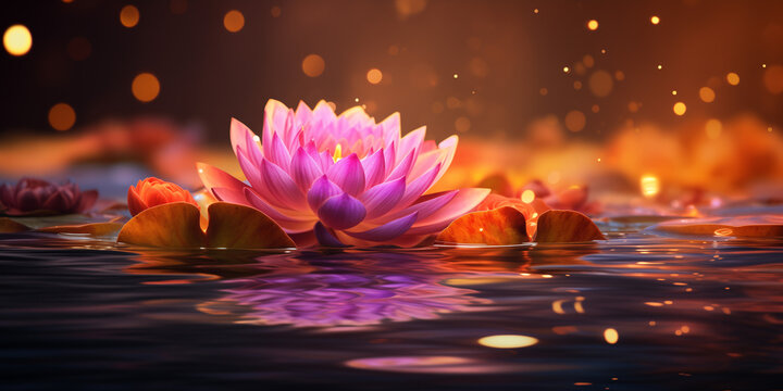Loy Krathong banner background with a close-up view of a beautifully decorated krathong floating on the water.