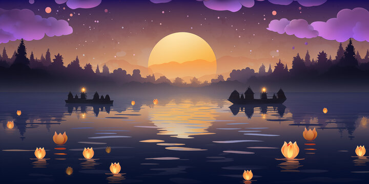 Design a Loy Krathong banner background featuring a serene river at dusk, with krathongs floating on the water's surface. 