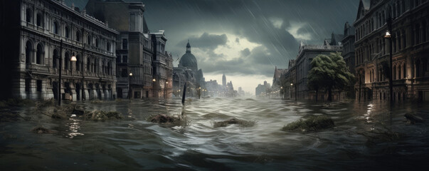 Extreme rainfall concept.  Flood with high water disaster in city, flooding houses and rising water.