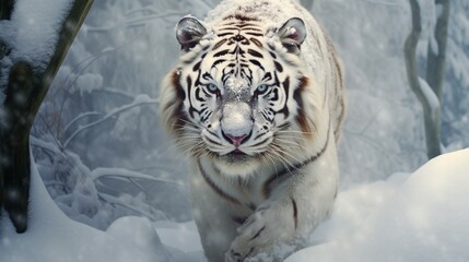 Fototapeta na wymiar A majestic white tiger, prowling through a snowy landscape.
