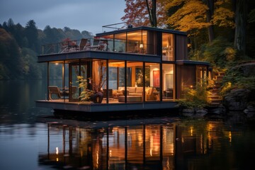  Floating office cabin on a river, blending modernity with nature, Generative AI