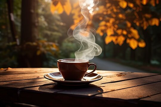 Morning bliss. Aromatic coffee in vintage cup on rustic wooden table. Rustic delight. Hot espresso on sunlit for refreshing break. Cafe charm. Aromatic cappuccino in classic on old surface