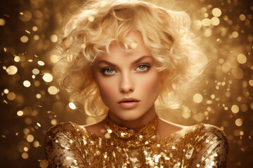 holiday photo of curly blond woman in gold dress, golden light with golden confetti and bokeh