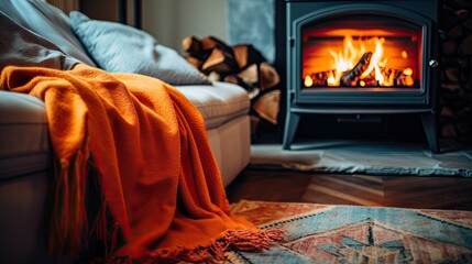 A cozy fireplace with crackling logs and a warm blanket on a nearby sofa