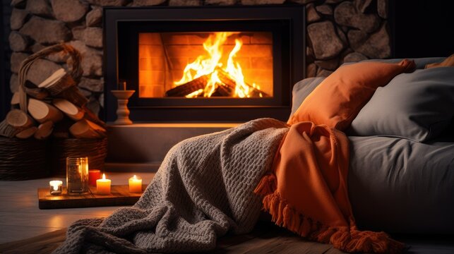 A cozy fireplace with crackling logs and a warm blanket on a nearby sofa