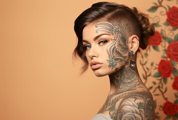 Young woman with tattoos standing on a beige background, colorist, captivating gaze, focus stacking - obrazy, fototapety, plakaty