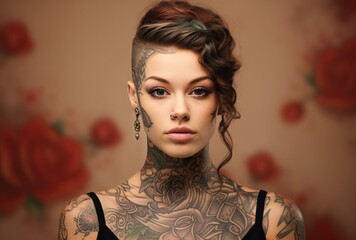 a young woman with tattoos standing on a beige blurred background, colorist, captivating gaze, focus stacking - obrazy, fototapety, plakaty