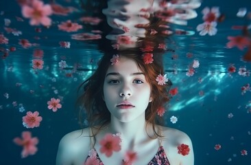 Girl blossom cheery underwater. Tree branch of summer nature flowers. Generate Ai