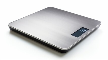 A modern digital kitchen scale, with a sleek stainless-steel finish, displaying weight in bright LED numbers, isolated against a pristine white background.
