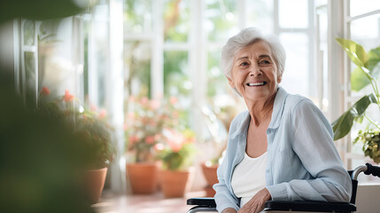 Senior woman in wheelchair at home.elderly, nursing, home, person, woman, people, doctor, health, medical, women, portrait, medicine, bedroom, nurse, old, worker, young, adult, support, care, service,