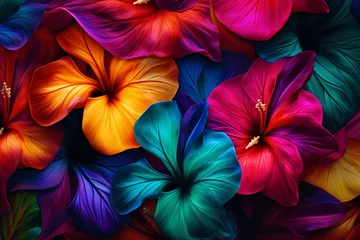 Foto op Plexiglas illustration of  jungle leaf pattern Hawaiian hibiscus primary colors, Generative ai © rajesh