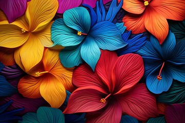 illustration of  jungle leaf pattern Hawaiian hibiscus primary colors, Generative ai - obrazy, fototapety, plakaty