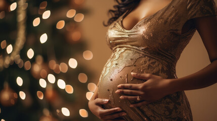 close up of pregnant woman wearing luxury gold evening gow on Christmas bokeh background - obrazy, fototapety, plakaty