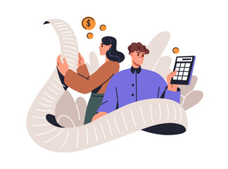 Family budget concept. Couple and personal finance, financial literacy. Household money, accounting, economy. Calculating income and expenses. Flat vector illustration isolated on white background
