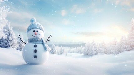 Panoramic view of happy snowman in winter secenery with copy space, generative ai