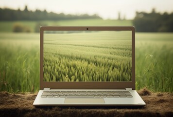 Laptop in the garden - freelance or remote work concept. - obrazy, fototapety, plakaty