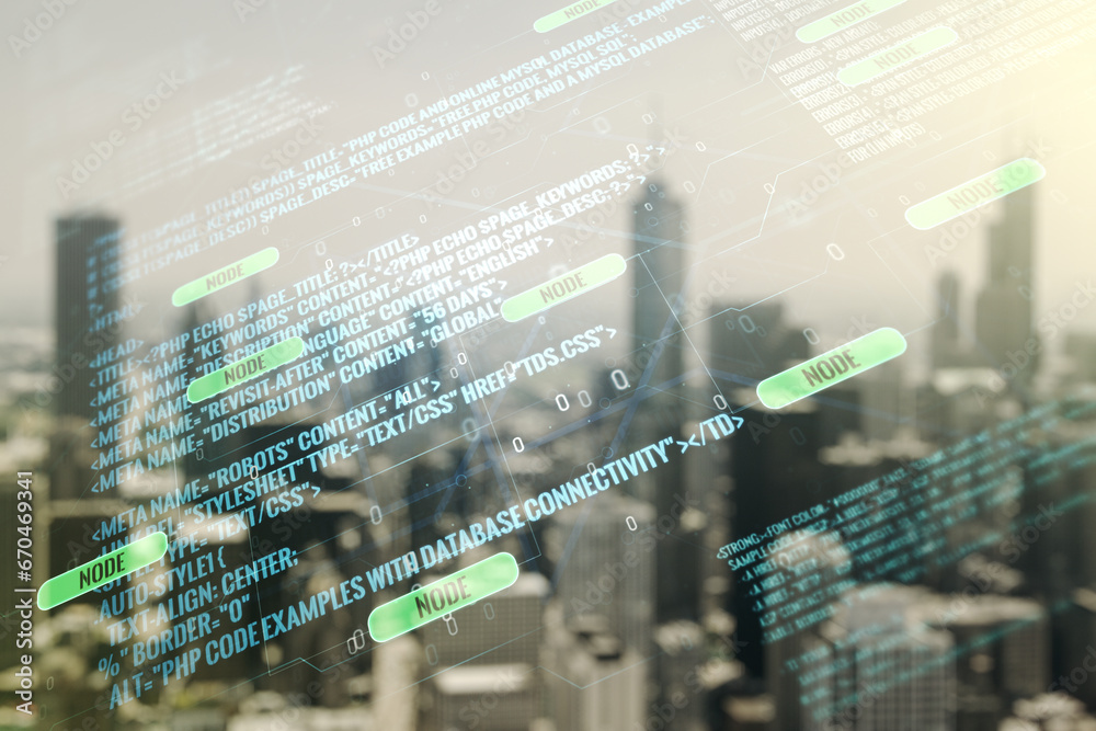 Poster multi exposure of abstract graphic coding sketch on blurry skyscrapers background, big data and netw