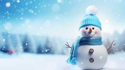 Panoramic view of happy snowman in winter secenery with copy space, generative ai