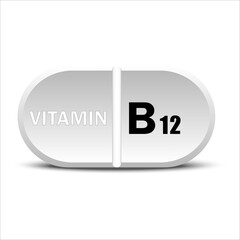 Vitamin B12 white icon. Vitamin drop pill capsule icon. Vector illustration. EPS10.