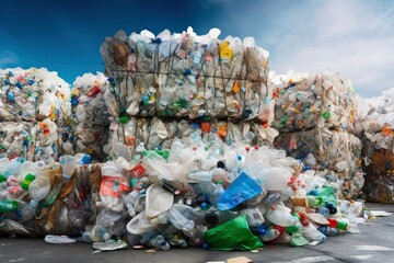 A modern plant for sorting and recycling household waste and waste. Large industrial complex of conveyors, bunkers.