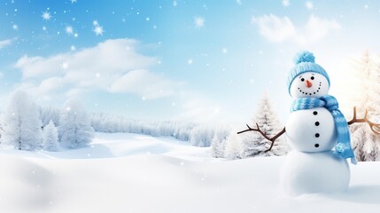 Naklejka na ściany i meble Panoramic view of happy snowman in winter secenery with copy space, generative ai