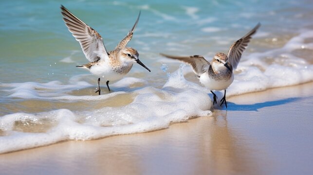 A pair of sandpipers in a synchronized dance, their delicate steps creating patterns on the soft beach sand.