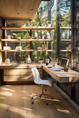 Minimalist office cabin with clean lines and abundant natural light, Generative AI