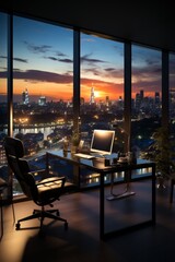 Modern office cabin with sleek glass walls and a city skyline view, Generative AI