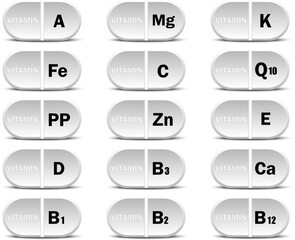 Vitamin set white icon. Vitamin drop pill capsule icon. Vector illustration. EPS10.