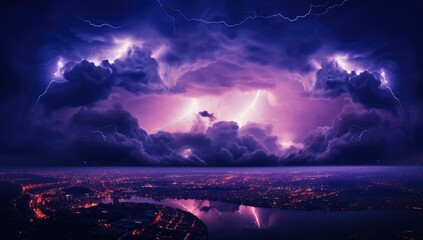 Realistic lightning bolts flashes composition with view of night city sky with clouds and thunderbolt illustration - obrazy, fototapety, plakaty