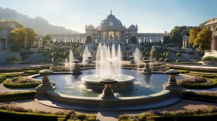 A panoramic view of a grand fountain with intricate sculptures, its beauty magnified by the morning light and lush lawn backdrop.