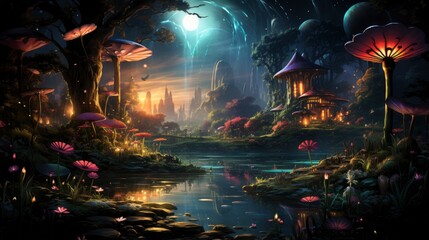 Obraz premium Enchanted forest glows with luminescent mushrooms, serene stream, and magical flora under a twilight canopy.
