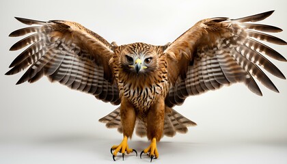 red tailed hawk in flight. Red tailed hawk isolated on white background with shadow. Hawk isolated. Hawk with his wings spread on white background. - obrazy, fototapety, plakaty