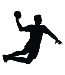 Black silhouette of a high-jumping professional handball player who throws the ball into the goal