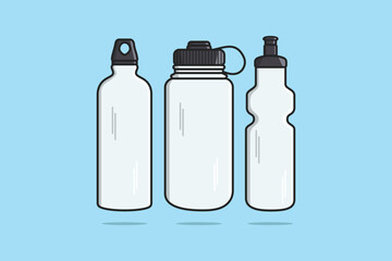 Gym water bottle collection with carry strap vector icon illustration. Drink objects icon design concept, Gym bottle, School water bottle, Drinking water, Fitness flask, Sport water bottle,