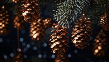 christmas tree with gold pinecones, flickering light, blink-and-you-miss-it detail