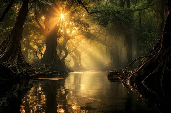 the light of the sun shines through trees, wildlife photography, water and land fusion