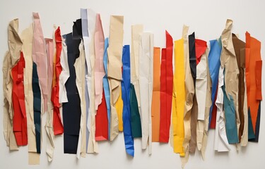 collage of paper with several colored edges with paper, frayed, white background, horizontal stripes
