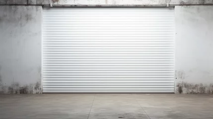 Foto op Plexiglas Closed gray roller shutters, closed storage area or garage, warehouse space © pundapanda