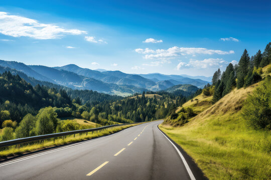 Long automobile road, highway along mountains and forests, travel concept, traveling by car